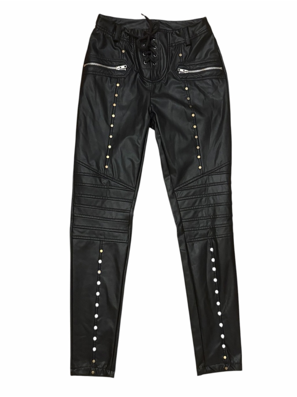 Black Faux Leather Lace-Up Moto Pants with Stud Detail